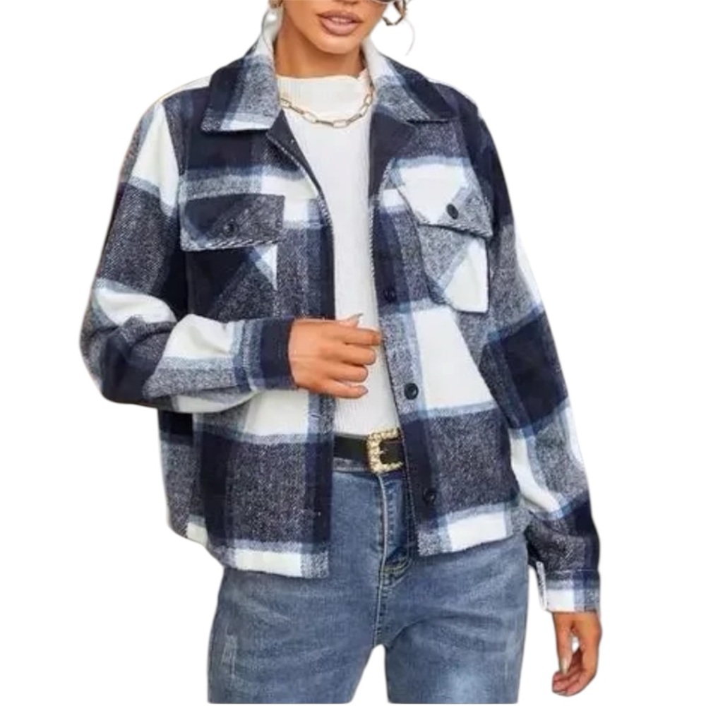 Navy & White Plaid Button-Front Shacket Jacket